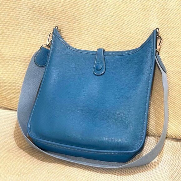 Authentic HERMES Evelyn PM I Blue Jean Clemence Leather Shoulder Bag - Picture 10 of 15